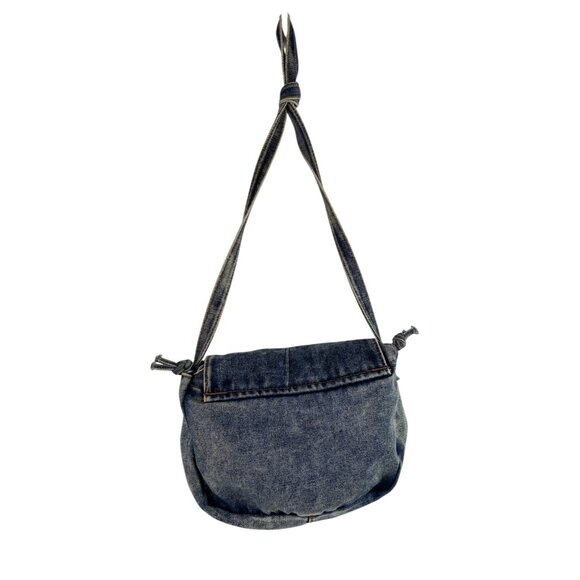 Vintage Denim Shoulder Bag Purse Adjustable Knotted Strap & Leather Accents - Picture 3 of 15